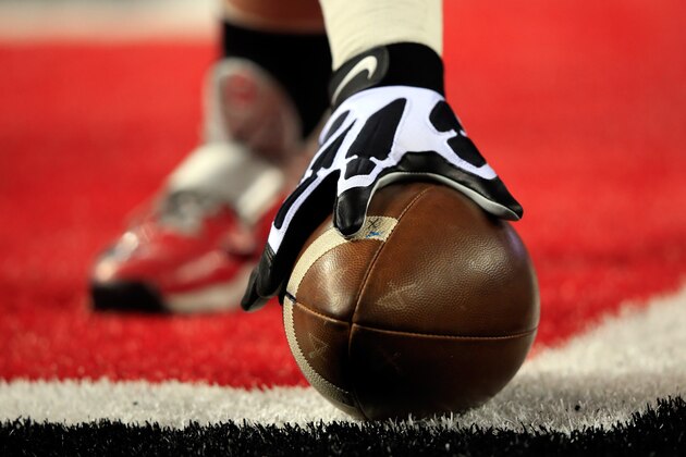 ARLINGTON, TX - JANUARY 12:  Wilson footballs are seen on the field before the College Football Playoff National Championship Game at AT&T Stadium on January 12, 2015 in Arlington, Texas.  (Photo by Jamie Squire/Getty Images)