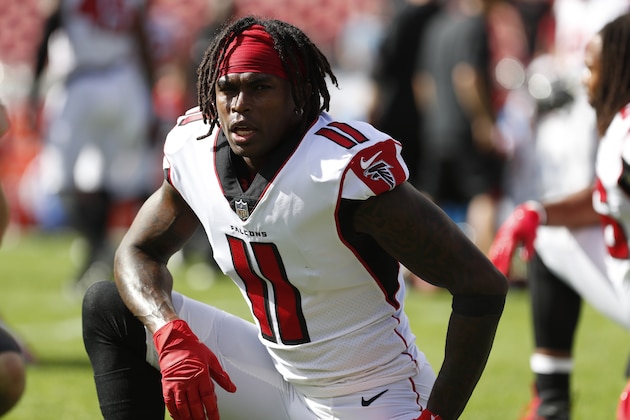 Atlanta Falcons wide receiver Julio Jones (11) before an NFL football game against the Tampa Bay Buccaneers Sunday, Dec. 30, 2018, in Tampa, Fla. (AP Photo/Mark LoMoglio)