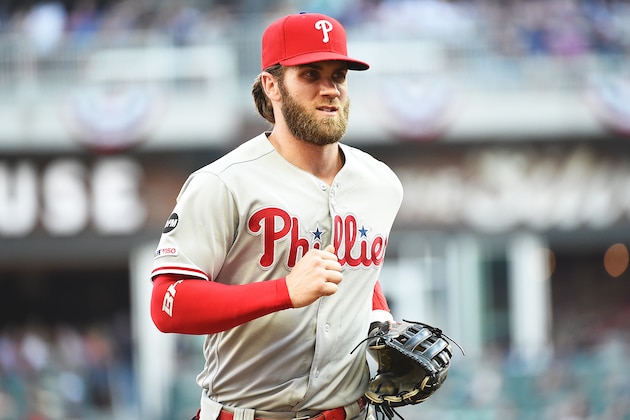 ATLANTA, GEORGIA - JUNE 15: Bryce Harper #3 of the Philadelphia Phillies walks back to the dugout after the second inning against the Atlanta Braves at SunTrust Park on June 15, 2019 in Atlanta, Georgia. (Photo by Logan Riely/Getty Images)
