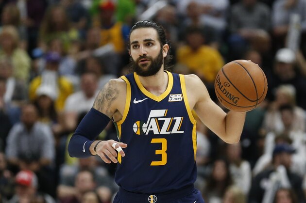 Utah Jazz guard Ricky Rubio (3) brings the ball up court during the second half of an NBA basketball game against the Los Angeles Lakers Wednesday, March 27, 2019, in Salt Lake City. (AP Photo/Rick Bowmer)