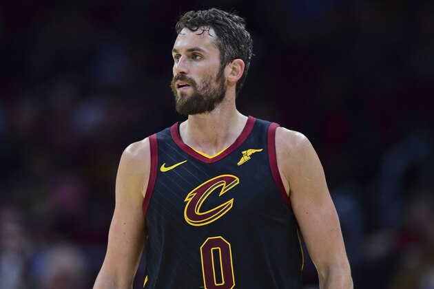 Cleveland Cavaliers forward Kevin Love walks in the second half of an NBA basketball game against the Los Angeles Clippers, Friday, March 22, 2019, in Cleveland. The Clippers won 110-108. (AP Photo/David Dermer)