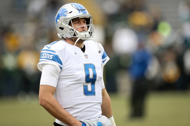 GREEN BAY, WISCONSIN - DECEMBER 30:  Matthew Stafford #9 of the Detroit Lions warms up before the game against the Green Bay Packers at Lambeau Field on December 30, 2018 in Green Bay, Wisconsin. (Photo by Dylan Buell/Getty Images)