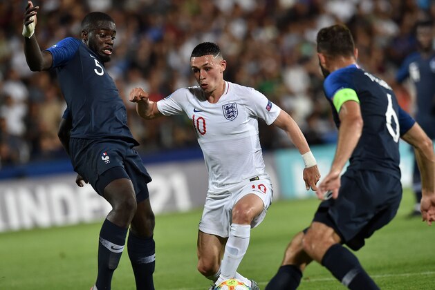 CESENA, ITALY - JUNE 18: Phil Foden of England scores the opening goal during the 2019 UEFA U-21 Championship Group C match between England and France at Dino Manuzzi Stadium on June 18, 2019 in Cesena, Italy.  (Photo by Giuseppe Bellini/Getty Images)