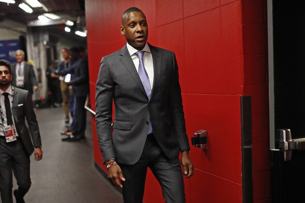 TORONTO, CANADA - JUNE 02: Masai Ujiri of the Toronto Raptors walks to the court before Game Two of the NBA Finals against the Golden State Warriors on June 2, 2019 at Scotiabank Arena in Toronto, Ontario, Canada. NOTE TO USER: User expressly acknowledges and agrees that, by downloading and/or using this photograph, user is consenting to the terms and conditions of the Getty Images License Agreement. Mandatory Copyright Notice: Copyright 2019 NBAE (Photo by Mark Blinch/NBAE via Getty Images)