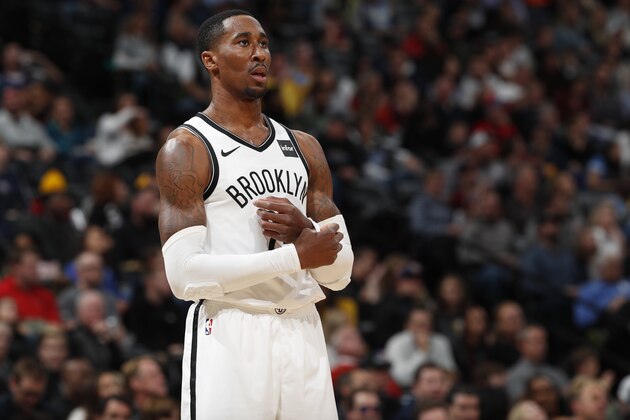 Brooklyn Nets forward Rondae Hollis-Jefferson (24) in the second half of an NBA basketball game Friday, Nov. 9, 2018, in Denver. The Nets won 112-110. (AP Photo/David Zalubowski)