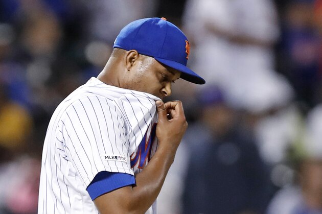 New York Mets relief pitcher Jeurys Familia reacts after allowing a three-run home run to St. Louis Cardinals' Dexter Fowler during the eighth inning of a baseball game Friday, June 14, 2019, in New York. (AP Photo/Kathy Willens)