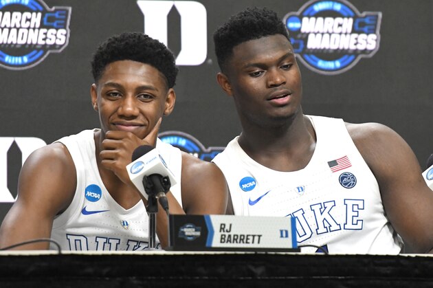 WASHINGTON, DC - MARCH 29:  RJ Barrett #5 andZion Williamson #1 of the Duke Blue Devils addresses the media after the East Regional game of the 2019 NCAA Men's Basketball Tournament against the Virginia Tech Hokies at Capital One Arena on March 29, 2019 in Washington, DC.  (Photo by Mitchell Layton/Getty Images)