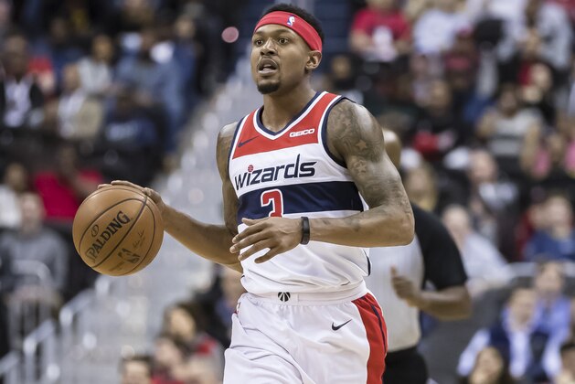 WASHINGTON, DC - APRIL 03: Bradley Beal #3 of the Washington Wizards handles the ball against the Chicago Bulls during the first half at Capital One Arena on April 3, 2019 in Washington, DC. NOTE TO USER: User expressly acknowledges and agrees that, by downloading and or using this photograph, User is consenting to the terms and conditions of the Getty Images License Agreement. (Photo by Scott Taetsch/Getty Images)