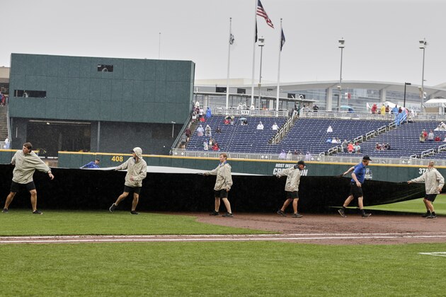 Groundskeepers roll out the tarp during a rain delay in an NCAA College World Series baseball game between Auburn and Louisville, in Omaha, Neb., Tuesday, June 18, 2019. (AP Photo/Nati Harnik)