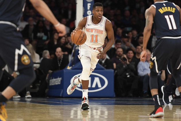 NEW YORK, NEW YORK - MARCH 22: Frank Ntilikina #11 of the New York Knicks dribbles the ball during the second half of the game against the Denver Nuggets at Madison Square Garden on March 22, 2019 in New York City. NOTE TO USER: User expressly acknowledges and agrees that, by downloading and or using this photograph, User is consenting to the terms and conditions of the Getty Images License Agreement. (Photo by Sarah Stier/Getty Images)