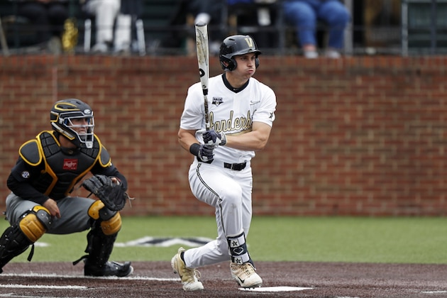 Vanderbilt's JJ Bleday runs to first base during an NCAA college baseball game against Missouri, Saturday, May 11, 2019, in Nashville, Tenn. (AP Photo/Wade Payne)