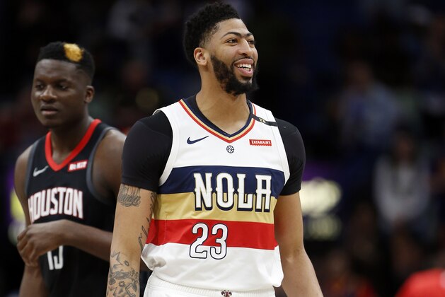 New Orleans Pelicans forward Anthony Davis (23) during the first half of an NBA basketball game in New Orleans, Sunday, March 24, 2019. (AP Photo/Tyler Kaufman)