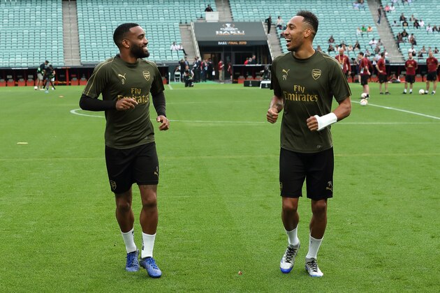 BAKU, AZERBAIJAN - MAY 28: Alexandre Lacazette and Pierre-Emerick Aubameyang of Arsenal during the Arsenal training session prior to the UEFA Europa League Final between Chelsea and Arsenal at Baku Olimpiya Stadionu on May 28, 2019 in Baku, Azerbaijan. (Photo by James Williamson - AMA/Getty Images)
