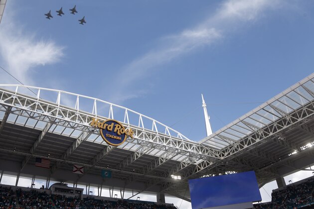 Fighter jets fly over Hard Rock Stadium at the start of an NFL football game between the Miami Dolphins and the Tennessee Titans, Sunday, Sept. 9, 2018, in Miami Gardens, Fla. (AP Photo/Wilfredo Lee)