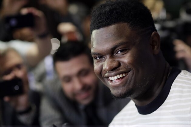 Zion Williamson, a freshman from Duke, attends the NBA Draft media availability, Wednesday, June 19, 2019 in New York. The basketball draft will be held Thursday, June 20. (AP Photo/Mark Lennihan)