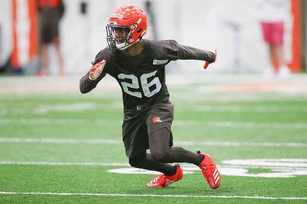 Cleveland Browns' Greedy Williams runs through a drill during an NFL football rookie minicamp Friday, May 3, 2019, in Berea, Ohio. (AP Photo/Ron Schwane)