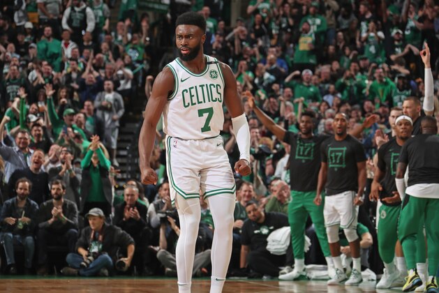 BOSTON, MA - MAY 3: Jaylen Brown #7 of the Boston Celtics reacts during a game against the Milwaukee Bucks during Game Three of the Eastern Conference Semi Finals of the 2019 NBA Playoffs on May 3, 2019 at the TD Garden in Boston, Massachusetts.  NOTE TO USER: User expressly acknowledges and agrees that, by downloading and or using this photograph, User is consenting to the terms and conditions of the Getty Images License Agreement. Mandatory Copyright Notice: Copyright 2019 NBAE  (Photo by Nathaniel S. Butler/NBAE via Getty Images)
