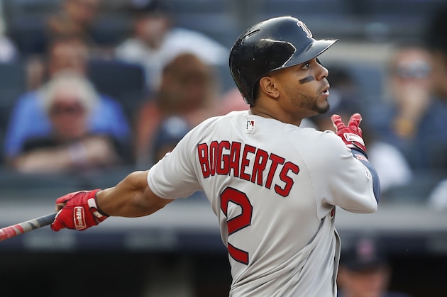 Boston Red Sox Xander Bogaerts bats in a baseball game against the New York Yankees, Sunday, June 2, 2019, in New York. (AP Photo/Kathy Willens)