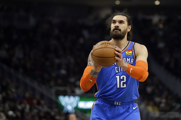 Oklahoma City Thunder's Steven Adams shoots a free throw during the first half of an NBA basketball game against the Milwaukee Bucks Wednesday, April 10, 2019, in Milwaukee. (AP Photo/Aaron Gash)