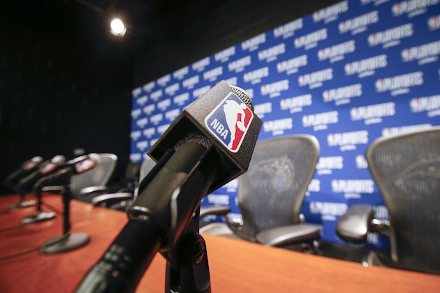 ORLANDO, FL - APRIL 19: A general view of a Microphone with the NBA logo at the post press conference after the Orlando Magic played the Toronto Raptors in Game Three of the first round of the 2019 NBA Eastern Conference Playoffs at the Amway Center on April 19, 2019 in Orlando, Florida. The Raptors defeated the Magic 98 to 93. NOTE TO USER: User expressly acknowledges and agrees that, by downloading and or using this photograph, User is consenting to the terms and conditions of the Getty Images License Agreement. (Photo by Don Juan Moore/Getty Images)