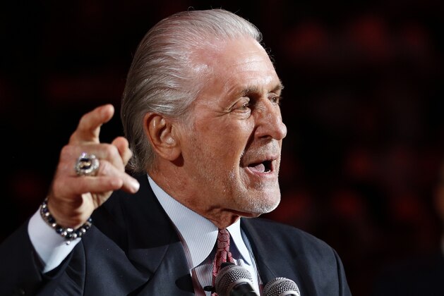 Miami Heat president Pat Riley speaks during a ceremony retiring the jersey of former Heat player Chris Bosh at halftime of an NBA game between the Heat and the Orlando Magic, Tuesday, March 26, 2019, in Miami. Bosh played 13 seasons, the first seven in Toronto and the last six in Miami. He averaged 19.2 points and 8.5 rebounds, was an All-Star 11 times and won two championships. (AP Photo/Joe Skipper)