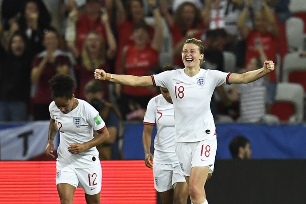 England's forward Ellen White (R) celebrates after scoring her second goal during the France 2019 Women's World Cup Group D football match between Japan and England, on June 19, 2019, at the Nice Stadium in Nice, southeastern France. (Photo by CHRISTOPHE SIMON / AFP)        (Photo credit should read CHRISTOPHE SIMON/AFP/Getty Images)