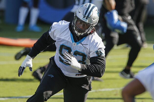 Carolina Panthers defensive tackle Gerald McCoy runs a drill during an NFL football team practice in Charlotte, N.C., Tuesday, June 11, 2019. (AP Photo/Nell Redmond)