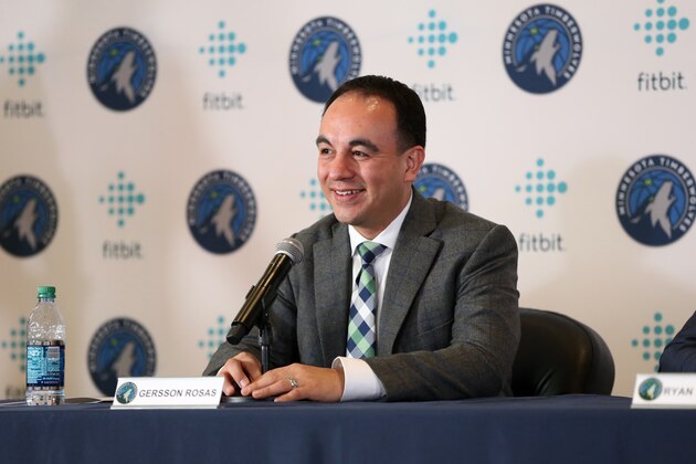 MINNEAPOLIS, MN - MAY 21: President of Basketball Operations Gersson Rosas of the Minnesota Timberwolves introduces Ryan Saunders as the new head coach during a press conference on May 21, 2019 at Target Center in Minneapolis, Minnesota. NOTE TO USER: User expressly acknowledges and agrees that, by downloading and/or using this photograph, user is consenting to the terms and conditions of the Getty Images License Agreement. Mandatory Copyright Notice: Copyright 2019 NBAE (Photo by David Sherman/NBAE via Getty Images)