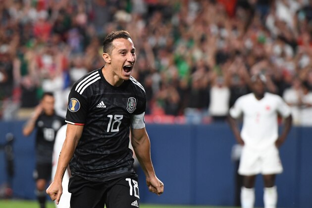 Mexico's midfielder Andres Guardado celebrates after scoring a goal during the CONCACAF Gold Cup Group A match between Mexico and Canada on June 19, 2019 at Broncos Mile High stadium in Denver, Colorado. (Photo by Robyn Beck / AFP)        (Photo credit should read ROBYN BECK/AFP/Getty Images)