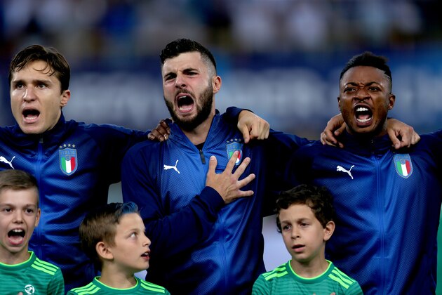 BOLOGNA, ITALY - JUNE 19: (L-R) Federico Chiesa of Italy U21, Patrick Cutrone of Italy U21, Claud Adjapong of Italy U21  during the  EURO U21 match between Italy  v Poland  at the Stadio Renato Dall'Ara on June 19, 2019 in Bologna Italy (Photo by Danilo Di Giovanni/Soccrates/Getty Images)