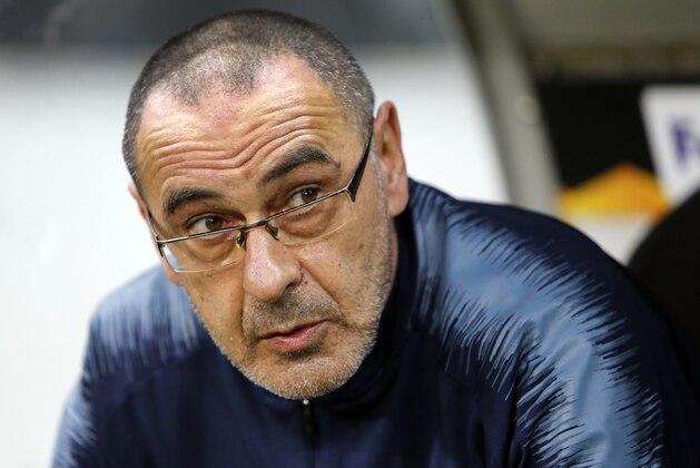Chelsea's coach Maurizio Sarri attends the Uefa Europa League, first leg semifinal soccer match between Eintracht Frankfurt and FC Chelsea in the Commerzbank Arena in Frankfurt, Germany, Thursday, May 2, 2019. (AP Photo/Michael Probst)