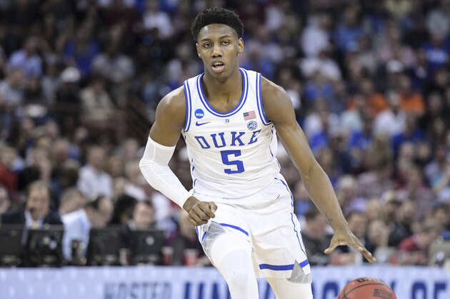 Duke forward RJ Barrett (5) dribbles the ball during the first half of a second-round game in the NCAA men's college basketball tournament Sunday, March 24, 2019, in Columbia, S.C. Duke defeated Central Florida 77-76. (AP Photo/Sean Rayford)