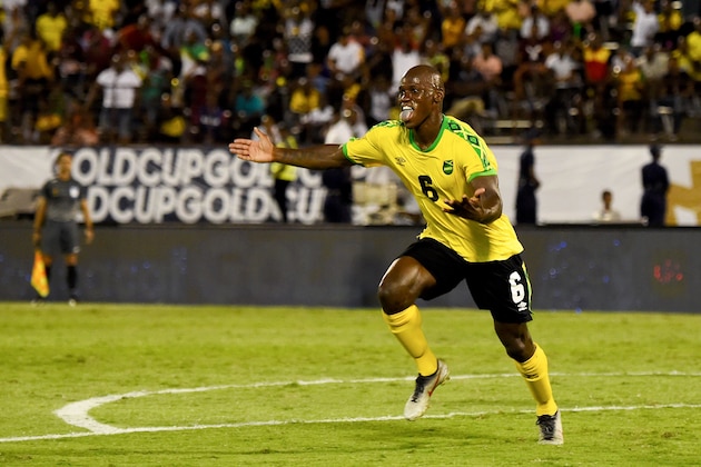 Jamaica's Dever Orgill celebrates after scoring a goal during the 2019 Concacaf Gold Cup match between Jamaica and Honduras, on June 17, 2019 at Independence Park in Kingston. (Photo by CHANDAN KHANNA / AFP)        (Photo credit should read CHANDAN KHANNA/AFP/Getty Images)