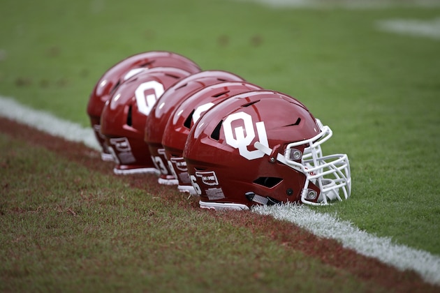 NORMAN, OK - SEPTEMBER 08: Oklahoma Sooners helmets before the game against the UCLA Bruins at Gaylord Family Oklahoma Memorial Stadium on September 8, 2018 in Norman, Oklahoma. The Sooners defeated the Bruins 49-21. (Photo by Brett Deering/Getty Images)