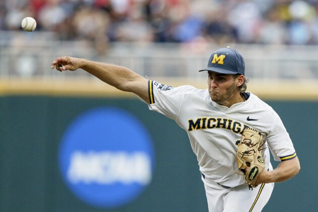 Michigan starting pitcher Karl Kauffmann (37) delivers against Texas Tech in the fourth inning of an NCAA College World Series baseball game in Omaha, Neb., Saturday, June 15, 2019. (AP Photo/Nati Harnik)