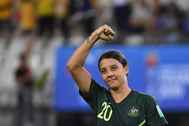 Australia's forward Samantha Kerr celebrates  after winning  the France 2019 Women's World Cup Group C football match between Jamaica and Australia, on June 18, 2019, at the Alpes Stadium Grenoble, central-eastern France. (Photo by Jean-Pierre Clatot / AFP)        (Photo credit should read JEAN-PIERRE CLATOT/AFP/Getty Images)