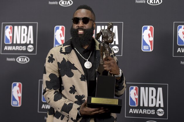 NBA player James Harden, of the Houston Rockets, poses in the press room with the most valuable player award at the NBA Awards on Monday, June 25, 2018, at the Barker Hangar in Santa Monica, Calif. (Photo by Richard Shotwell/Invision/AP)