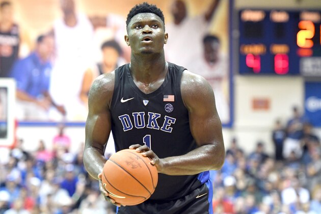 LAHAINA, HI - NOVEMBER 19:  Zion Williamson #1 of the Duke Blue Devils takes a foul shot during a first round game of Maui Invitational college basketball game against the San Diego State Aztecs at the Lahaina Civic Center on November 19, 2018 in Lahaina Hawaii.  (Photo by Mitchell Layton/Getty Images)