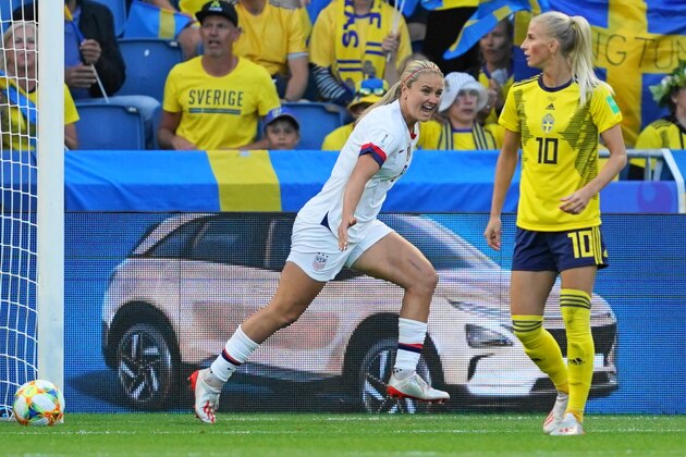 LE HAVRE, FRANCE - JUNE 20: Lindsey Horan of the USA celebrates scoring during the 2019 FIFA Women's World Cup France group F match between Sweden and USA at Stade Océane on June 20, 2019 in Le Havre, France. (Photo by Daniela Porcelli/Getty Images)