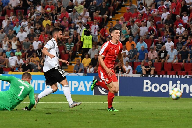 TRIESTE, ITALY - JUNE 20: Marco Richter of Germany  scores the opening goal during the 2019 UEFA U-21 Group B match between Germany and Serbia at Stadio Nereo Rocco on June 20, 2019 in Trieste, Italy.  (Photo by Alessandro Sabattini/Getty Images)