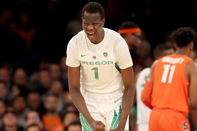 NEW YORK, NEW YORK - NOVEMBER 16: Bol Bol #1 of the Oregon Ducks celebrates his three point shot in the second half against the Syracuse Orange during the 2K Empire Classic at Madison Square Garden on November 16, 2018 in New York City.The Oregon Ducks defeated the Syracuse Orange 80-65. (Photo by Elsa/Getty Images)