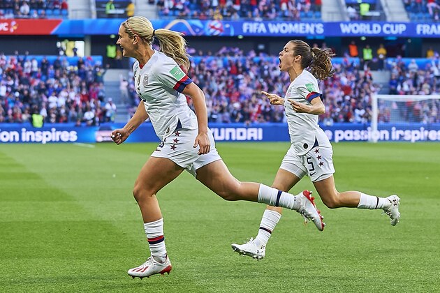 LE HAVRE, FRANCE - JUNE 20: Lindsey Horan of USA celebrates scoring her team's opening goal with team mates during the 2019 FIFA Women's World Cup France group F match between Sweden and USA at  on June 20, 2019 in Le Havre, France. (Photo by Quality Sport Images/Getty Images)