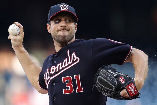 WASHINGTON, DC - JUNE 19: Starting pitcher Max Scherzer #31 of the Washington Nationals works the first inning against the Philadelphia Phillies in game two of a double header at Nationals Park on June 19, 2019 in Washington, DC. (Photo by Patrick Smith/Getty Images)