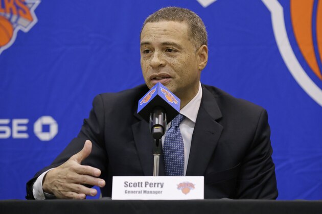 GREENBURG, NY - JULY 17:  New York Knicks team President, Steve Mills and Jeff Hornacek of the New York Knicks introduce General Manager Scott Perry at a pess conference at the at Knicks Practice Center July 17, 2017 in Greenburg, New York. NOTE TO USER: User expressly acknowledges and agrees that, by downloading and/or using this photograph, user is consenting to the terms and conditions of the Getty Images License Agreement.  Mandatory Copyright Notice: Copyright 2017 NBAE (Photo by Steven Freeman/NBAE via Getty Images)