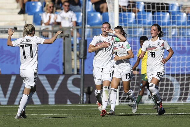 MONTPELLIER, FRANCE - JUNE 17: Alexandra Popp of Germany celebrates with teammates after scoring her team's second goal during the 2019 FIFA Women's World Cup France group B match between South Africa and Germany at Stade de la Mosson on June 17, 2019 in Montpellier, France. (Photo by Maja Hitij/Getty Images)