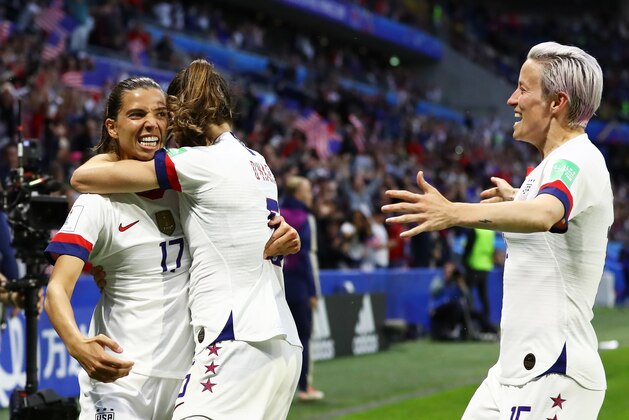 LE HAVRE, FRANCE - JUNE 20: Tobin Heath of the USA celebrates with teammates after scoring her team's second goal during the 2019 FIFA Women's World Cup France group F match between Sweden and USA at Stade Oceane on June 20, 2019 in Le Havre, France. (Photo by Martin Rose/Getty Images)