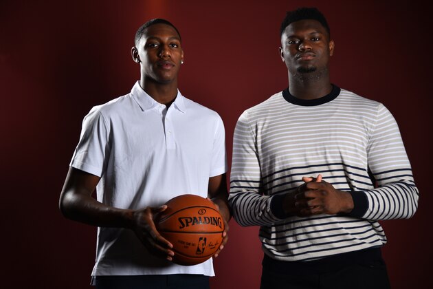 NEW YORK - JUNE 19: NBA Draft Prospect, RJ Barrett and Zion Williamson poses for portraits during media availability and circuit as part of the 2019 NBA Draft on June 19, 2019 at the Grand Hyatt New York in New York City. NOTE TO USER: User expressly acknowledges and agrees that, by downloading and/or using this photograph, user is consenting to the terms and conditions of the Getty Images License Agreement.  Mandatory Copyright Notice: Copyright 2019 NBAE (Photo by Jesse D. Garrabrant/NBAE via Getty Images)