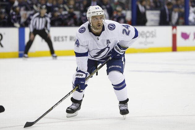Tampa Bay Lightning's Ryan Callahan plays against the Columbus Blue Jackets during Game 3 of an NHL hockey first-round playoff series Sunday, April 14, 2019, in Columbus, Ohio. (AP Photo/Jay LaPrete)