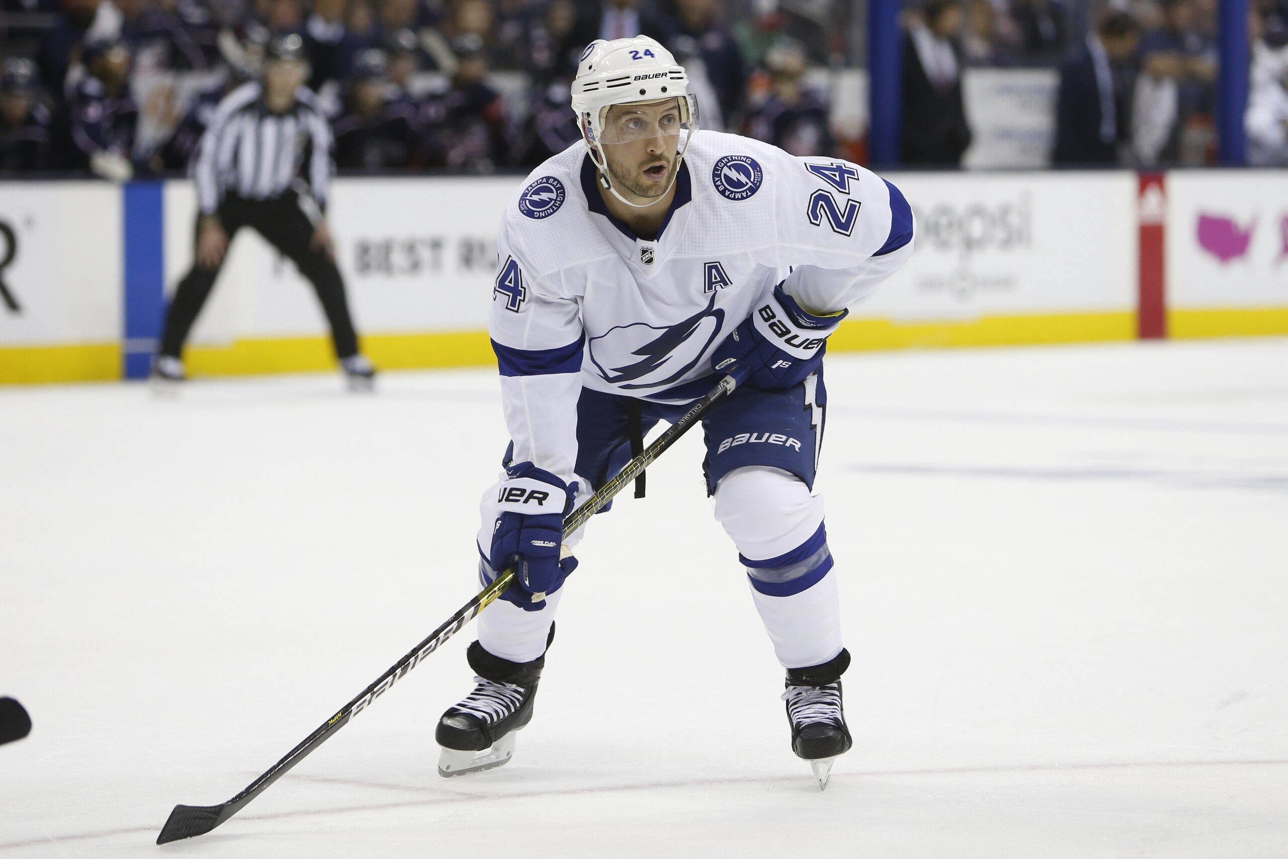 Tampa Bay Lightning's Ryan Callahan plays against the Columbus Blue Jackets during Game 3 of an NHL hockey first-round playoff series Sunday, April 14, 2019, in Columbus, Ohio. (AP Photo/Jay LaPrete)