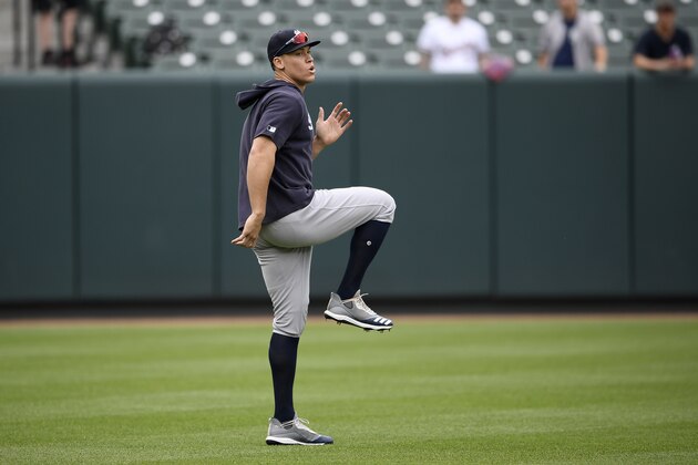 New York Yankees' Aaron Judge warms up before a baseball game against the Baltimore Orioles, Tuesday, May 21, 2019, in Baltimore. (AP Photo/Nick Wass) New York Yankees' Aaron Judge warms up before a baseball game against the Baltimore Orioles, Tuesday, May 21, 2019, in Baltimore. (AP Photo/Nick Wass)